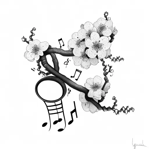 A Music Note Intertwined With A Cherry Blossom Branch