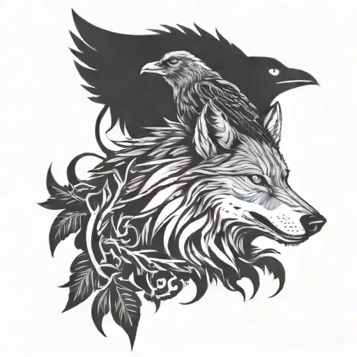 A Wolf And A Raven With Thorn-branch Background