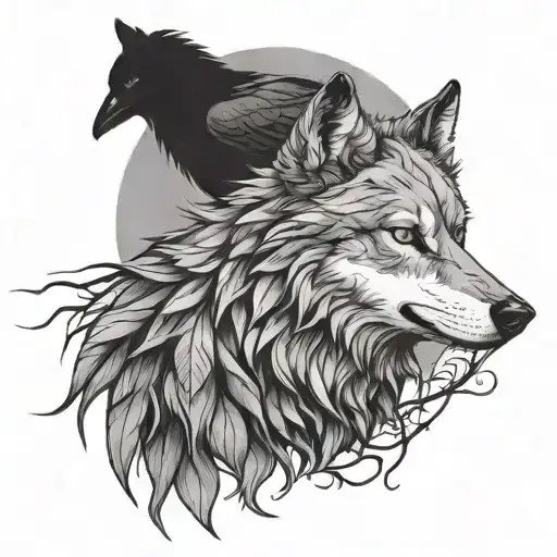 A Wolf And A Raven With Thorn-branch Background