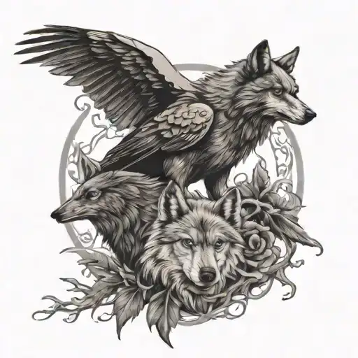 A Wolf And Two Ravens With Thorn-branch Background