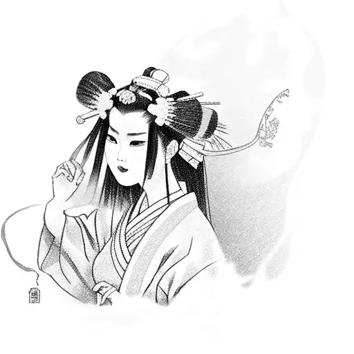 Geisha Wearing A Traditional Kimono With Tied Hair With A Japanese Temple Background