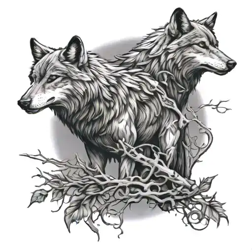 A Wolf And Two Ravens With Thorn-branch Background