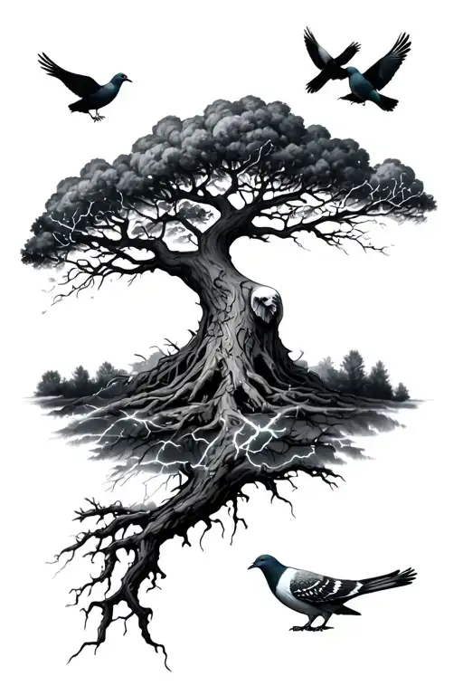 Rotten Tree With Pigeons And Lightning On The Back