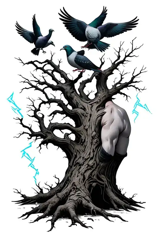 Rotten Tree With Pigeons And Lightning On The Back