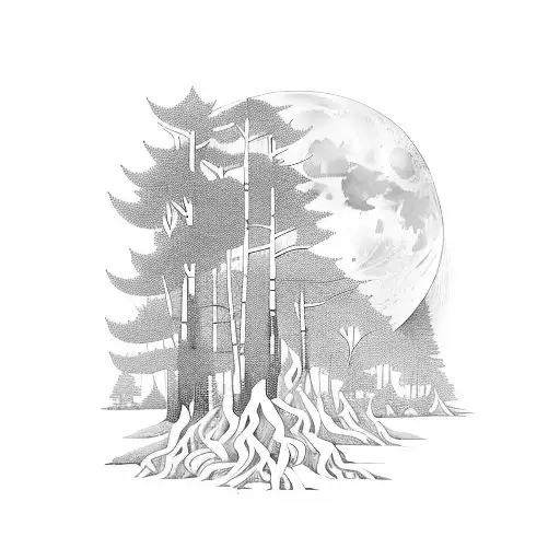 A Moonlit Forest With Hidden Esoteric Symbols Among The Trees