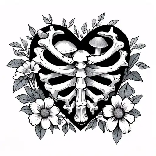 Heart Shaped Rib Bones With Flowers And Mushrooms Coming From In Between The Bones