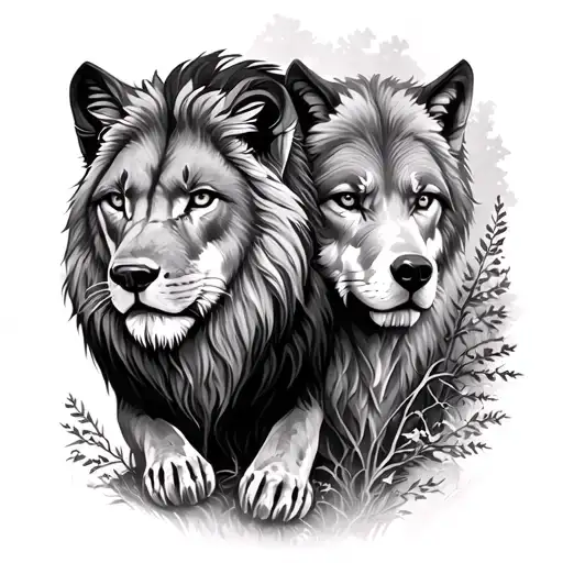 Lion And Wolf In The Woods