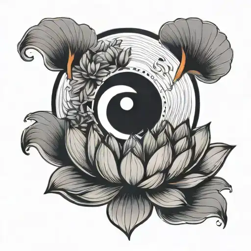 Ying Yang Symbol With Lotus On Top Simple Line Art