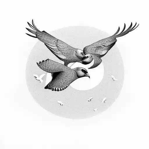 A Family Of Birds Flying Towards A Vibrant Sunset