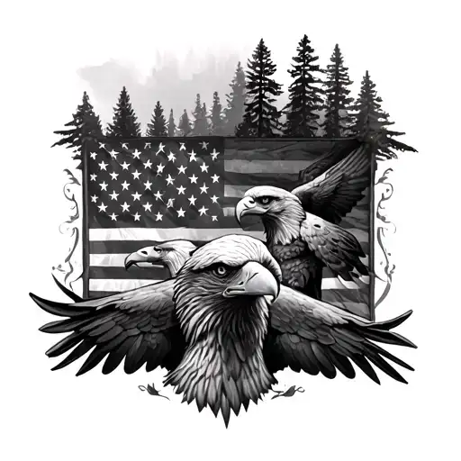 Us Flag With A Forest And Eagles