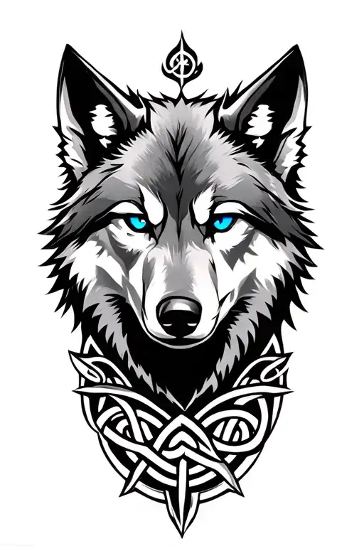 Wolf With Blue Eyes On Armor Tattoo Design Featuring Celtic Trinity Knot