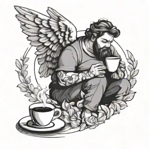 Fat Angel Have A Overthinking And Hold A Coffee