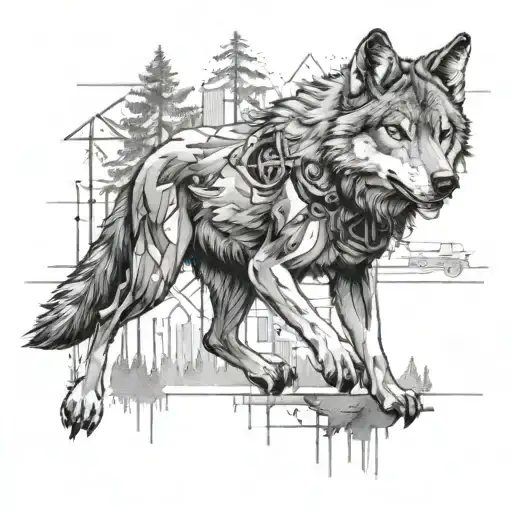 A Black-grey Tattoo Of A Wolf Running Through A Forest With Engineering Blueprints In The Background