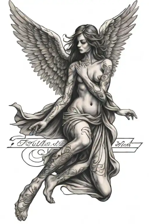 Fallen Angel With Sun Rays And Words Below Them