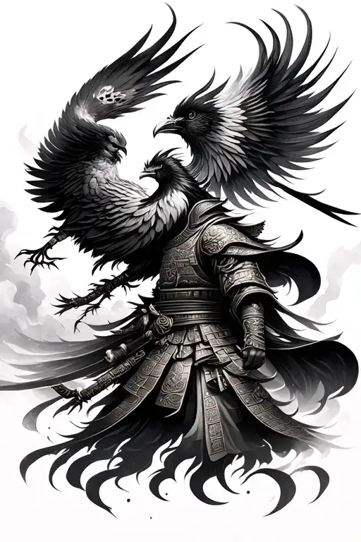 Samurai Warrior And Phoenix Bird And Japanese Temple
