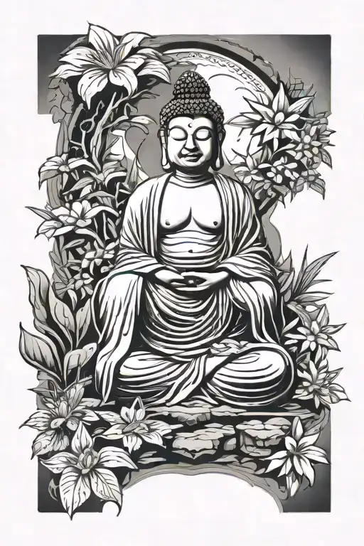 Mossy Stone Buddha Sitting In A Body Of Water Surrounded By Native Hawaiian Plants