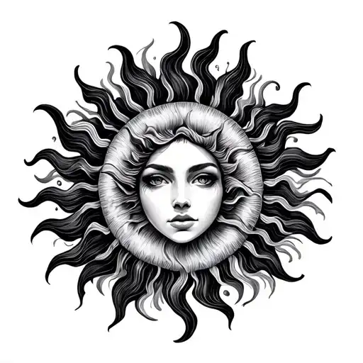 Large Feminine Sun Tattoo With Shading And Wavy Beams