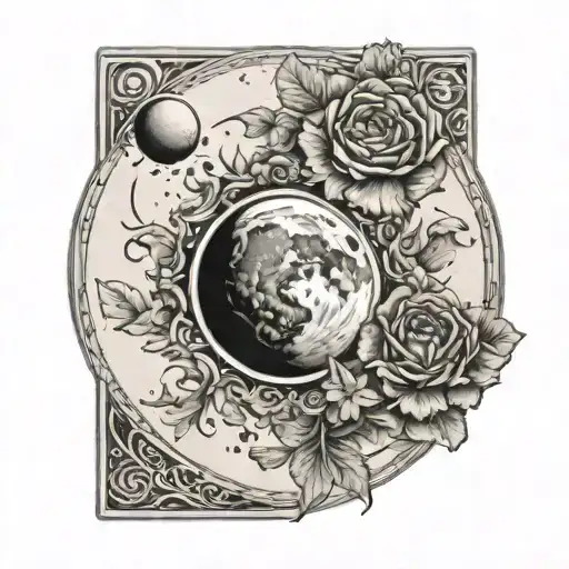 Two Tarrot Cards Of A Moon And El Mundo Surrounded By Flowers