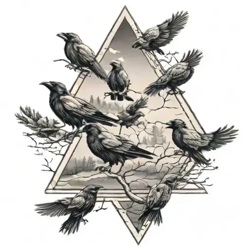 Flock Of Crows Fading In Triangle With Forest Background