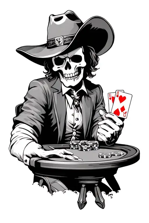 Skelton In Cowboy Outfit Holding A Deck Of Cards And They Are Sat At A Poker Table