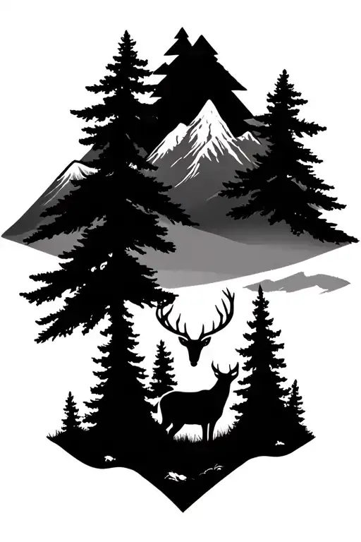 Mountain And Trees Which Has A Deer At The Front