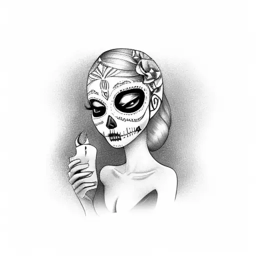 Sexy Day Of The Dead Girl Holding A Candle With Calla Lily And 2 Coins