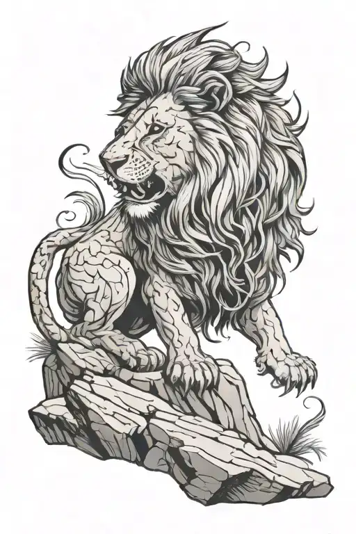 Lion Roaring On A Rock With A Jungle Under It