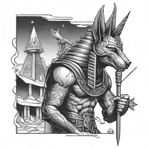 Anubis Holding His Staff And The Pyramids In The Background