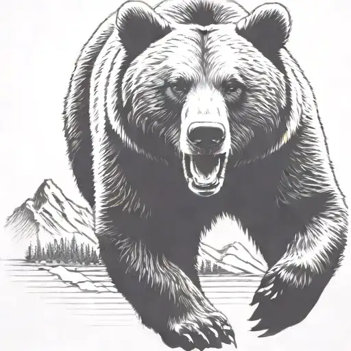 Grizzly Bear Running With Mountains In Background