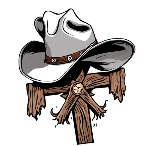 Tattoo Of A Cowboy Hat On A Wooden Cross