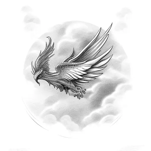 Phoenix Flying In The Clouds With Open Wings