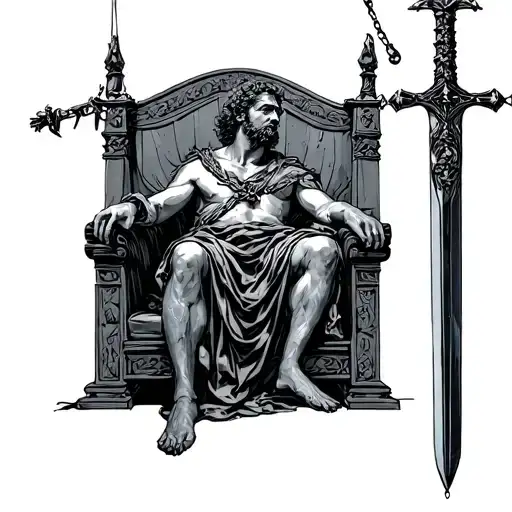 A Sketch Of Damocles Sitting On A Throne With The Sword Dangling On A String Above Him