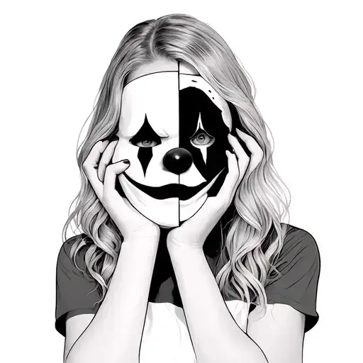 A Pretty Girl Holding A Sad Clown Mask Covering Half Her Face