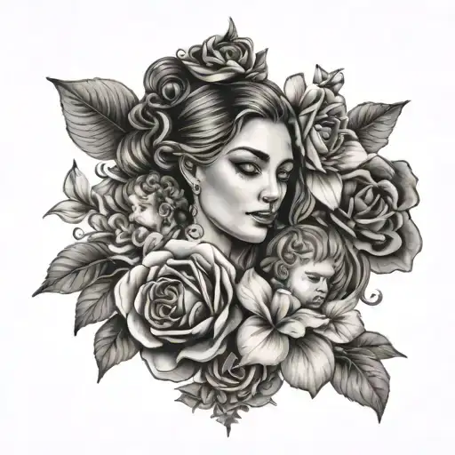 Mother And 4 Children Flowers Ornate Design