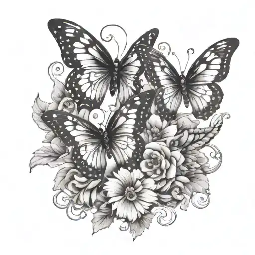 Butterfly Mother And 4 Butterfly Children Flowers Ornate Design