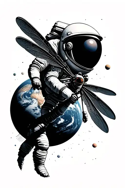 Geometric Dragonfly Planets Orbiting Astronaut With Earth