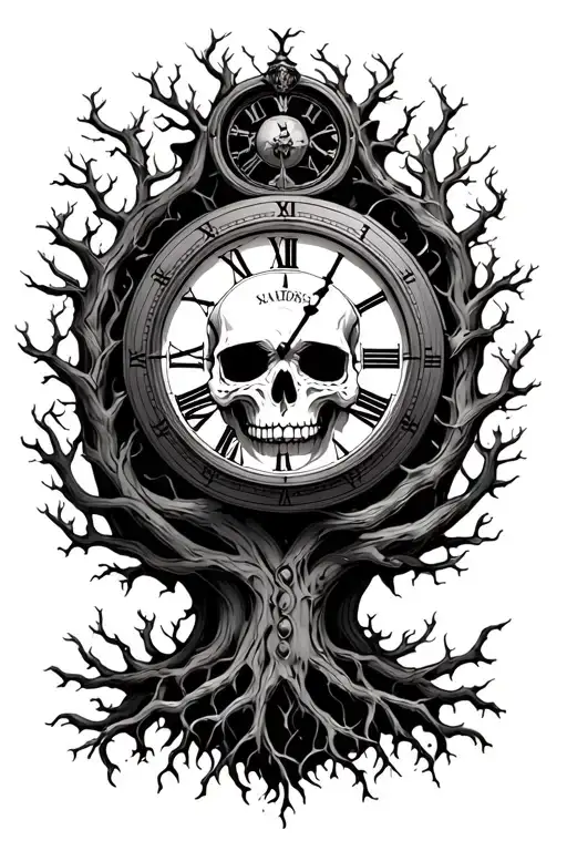 Skull Clock Intertwined Tree