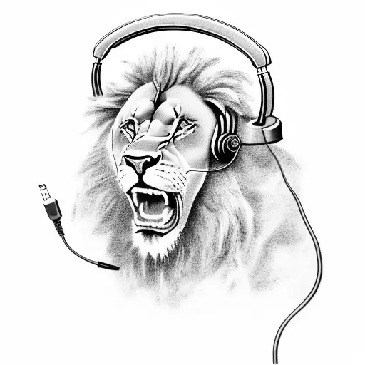 A Black-grey Tattoo Of A Lion Wearing Headphones And Surrounded By Art Supplies