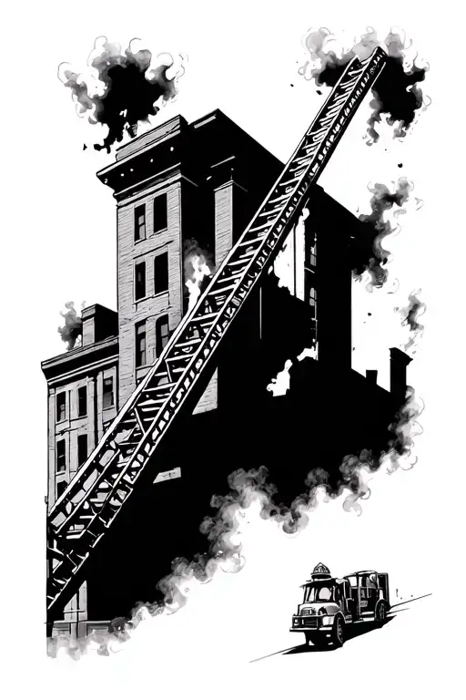 Firefighter Ladder Burning Building View