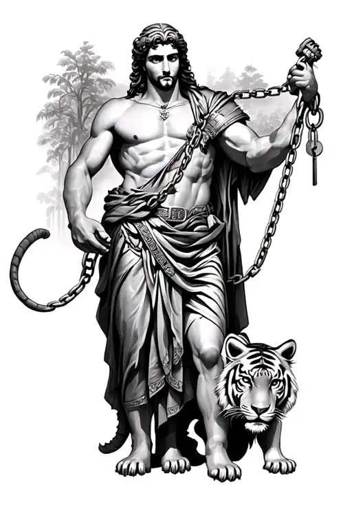 Atena Greek God Holding A Tiger On A Chain For Realistic Black And Gray Tattoo Design