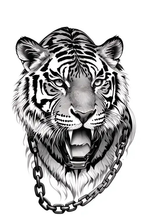 Atena Holding A Tiger On A Chain For Realistic Black And Gray Tattoo Design