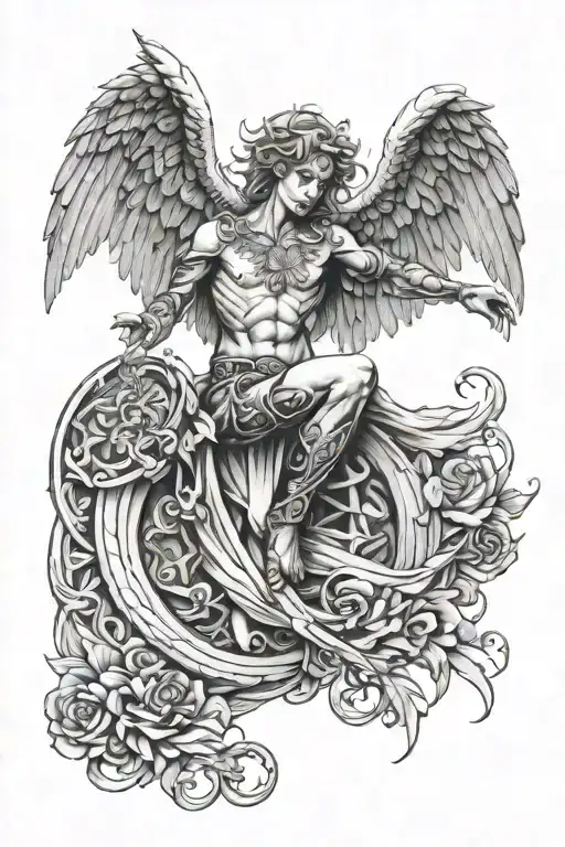 Full Front Leg Tattoo With 2009 Some Line Work And Angel Faling