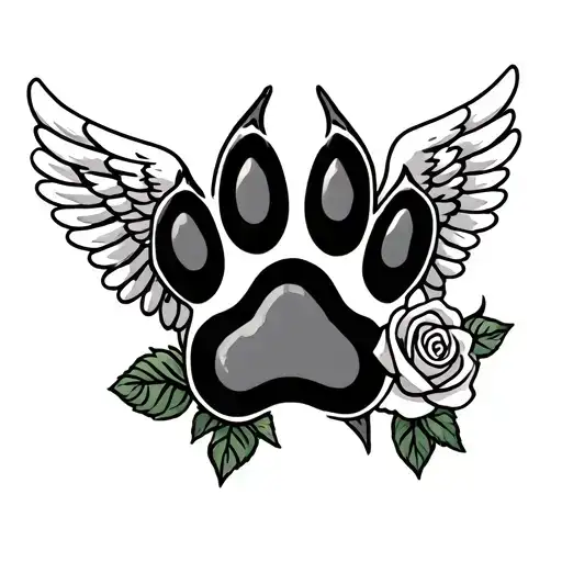 Dog Paw With Angel Wings And Roses