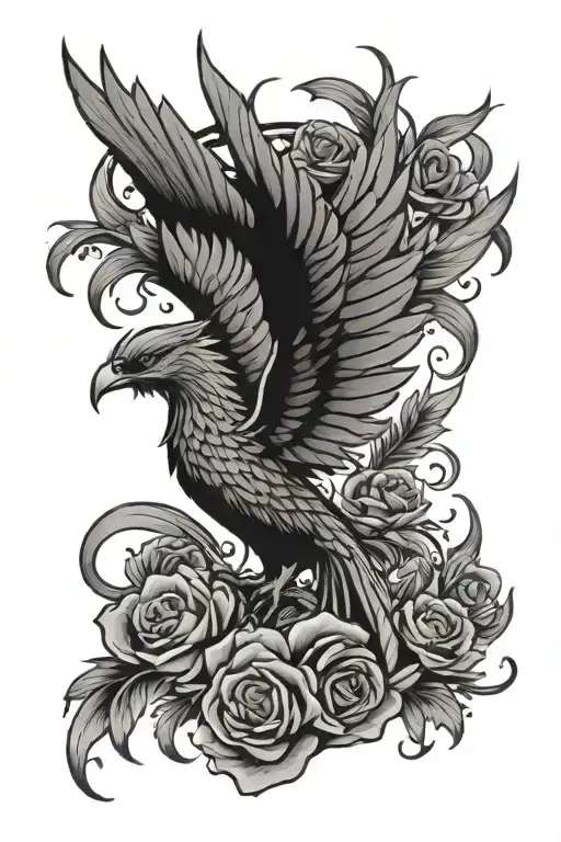 Phoenix Rising From Book And Flowers Surrounding Them