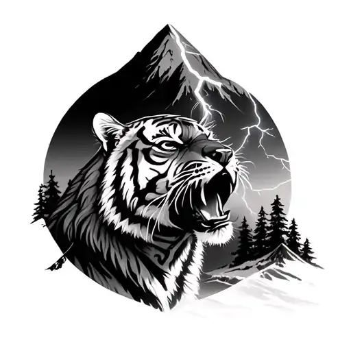 Tiger By Mountain Looking Up At Lightning Bolt
