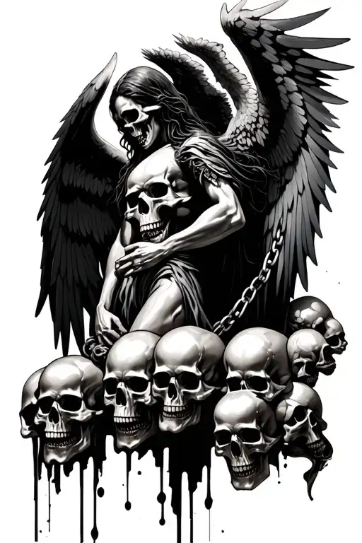 Death Angel With Wings Holding 8 Skulls On A Chain