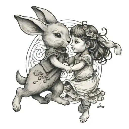A Whimsical Scene Of Kids Ava And Casia Dancing With Playful Rabbits In A Dreamy Setting
