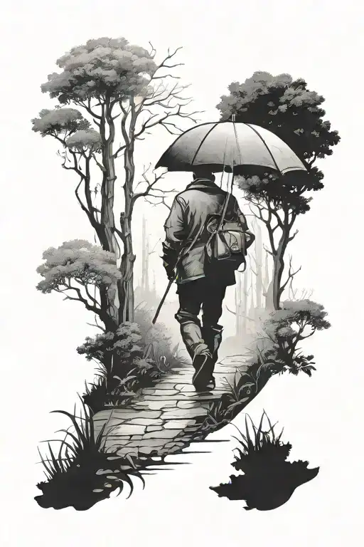 Man On A Path Through A Forest Holding An Umbrella