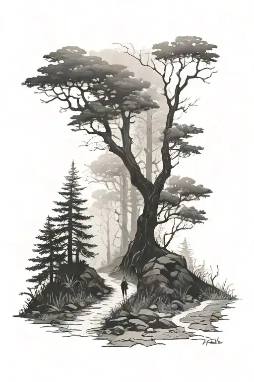 Man At The End Of A Path In A Foggy Forest