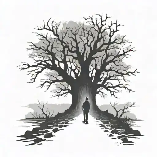 Man Walking At The End Of A Path In The Middle Of A Large Tree In A Horror Film Atmosphere